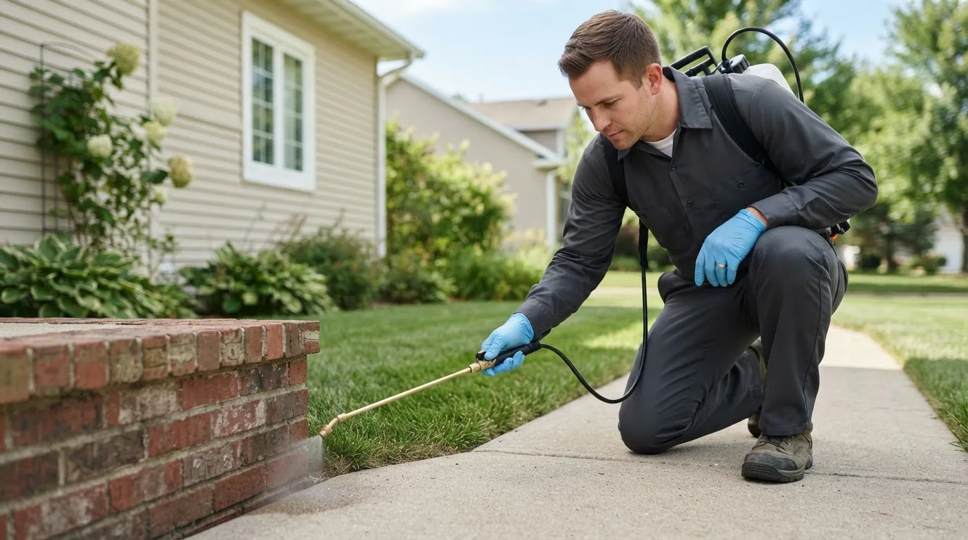 Pest control technician treating a home near Fort Atkinson, WI